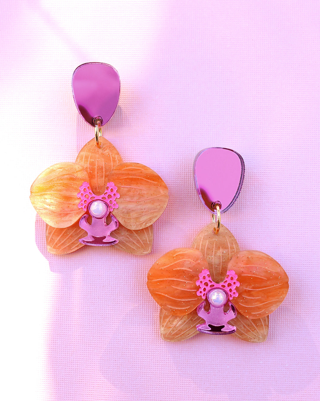 Orange Moth Orchid Dangle Earrings