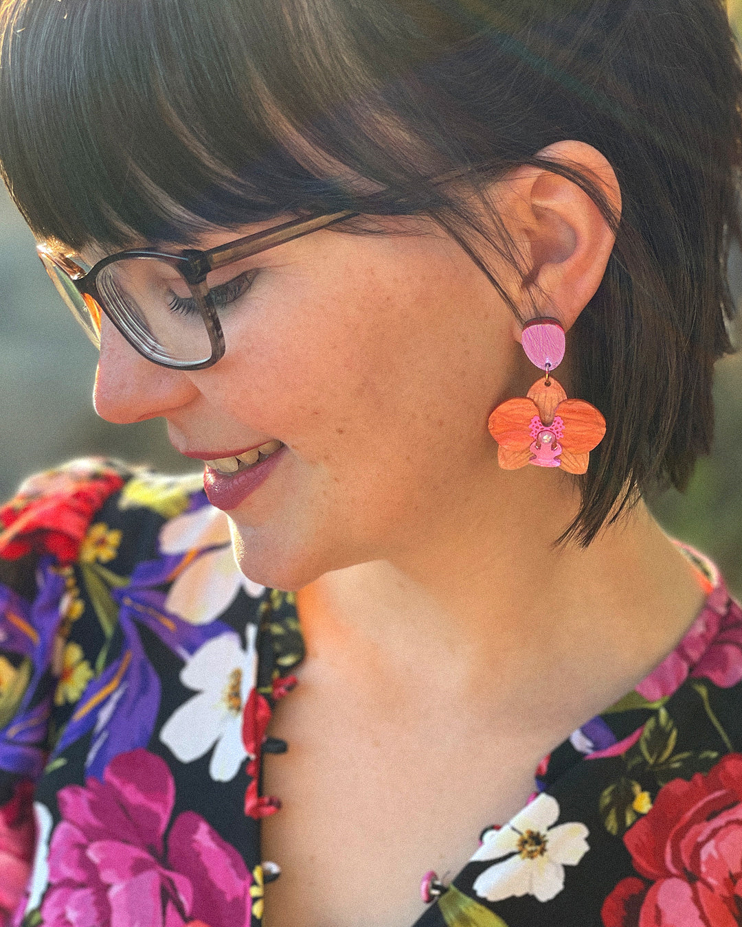 Orange Moth Orchid Dangle Earrings