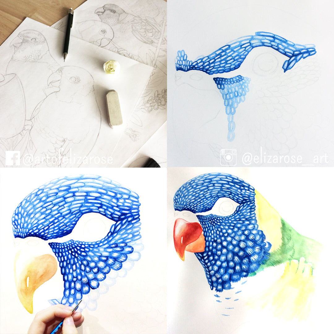 "Rainbow Lorikeets on Bottlebrush" // Original Watercolour Painting